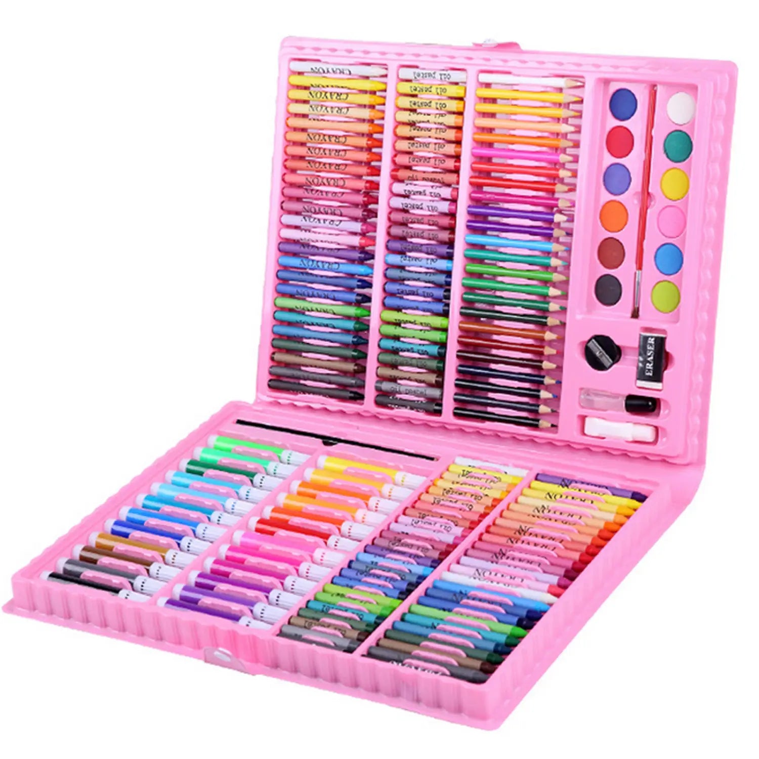 Comprehensive watercolor pen and painting set in a pink plastic art kit featuring colorful crayons colored pencils watercolor paints and a sharpener.