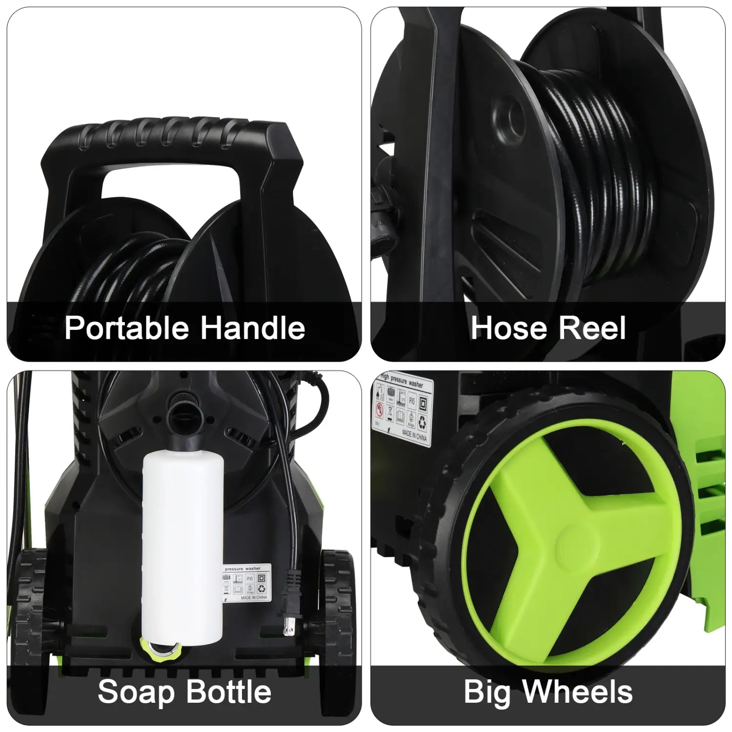 black and neon green high pressure cleaner with built-in soap bottle, large wheels for easy mobility, and integrated hose reel for efficient pressure cleaning tasks