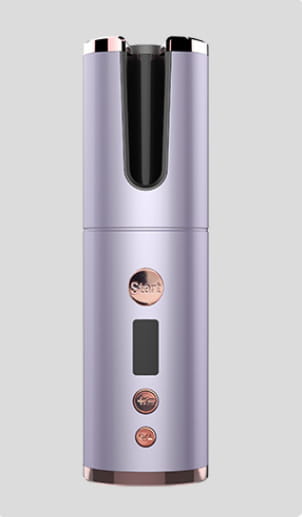A sleek lavender-colored wireless rechargeable curling iron electric with rose gold accents and a digital display.