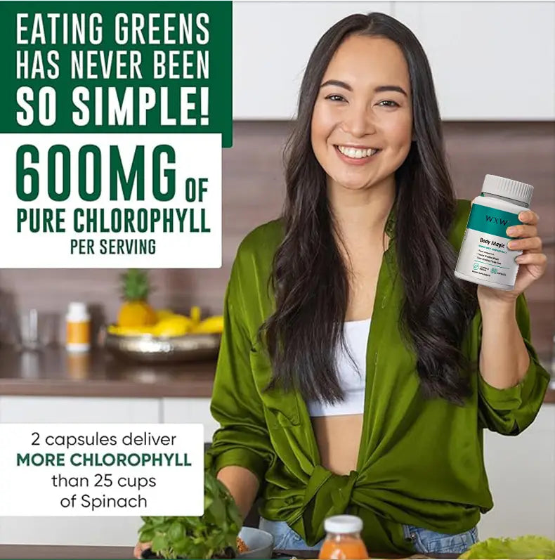 White bottle with teal label and white cap labeled body magic by wyw featuring certified GMP FDA chlorophyll capsules for health benefits and luxury women’s fashion enthusiasts.