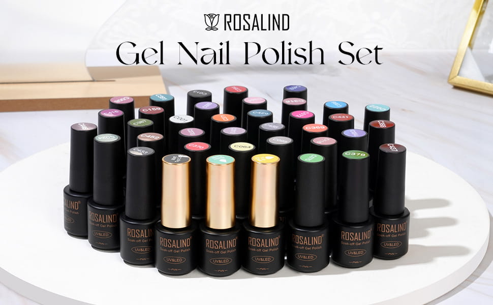 rosalind 38 piece gel polish set featuring 36 vibrant glossy shades in sleek black and gold caps arranged neatly on a white display stand for professional nail use.
