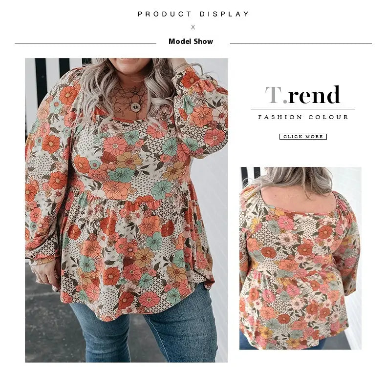 A plus-size casual loose floral chiffon blouse in soft peach coral and teal tones featuring a peplum hem and long sleeves.