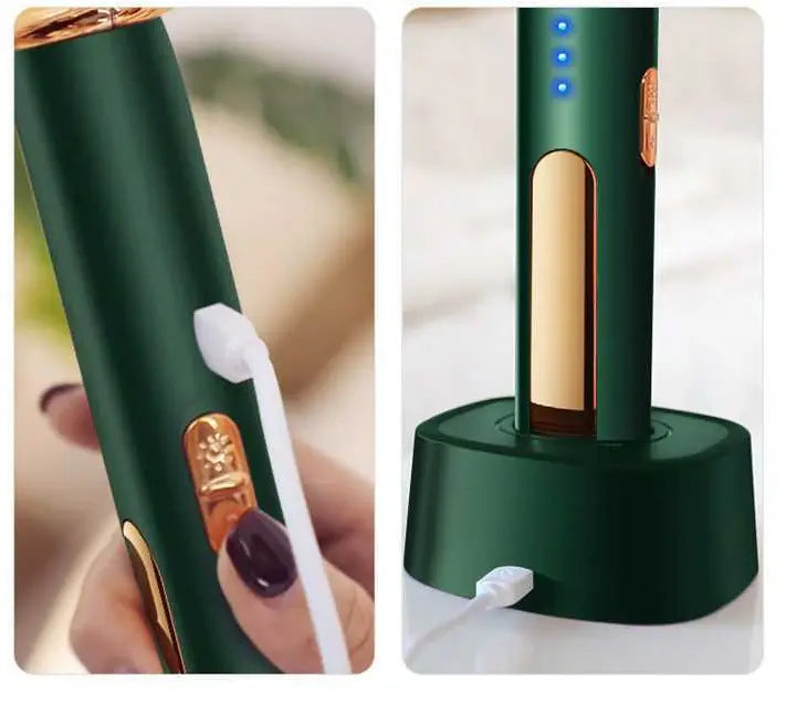 modern home bedroom electric mosquito swatter featuring a sleek cylindrical design in deep green and rose gold colors for effective bedroom electric mosquito control.