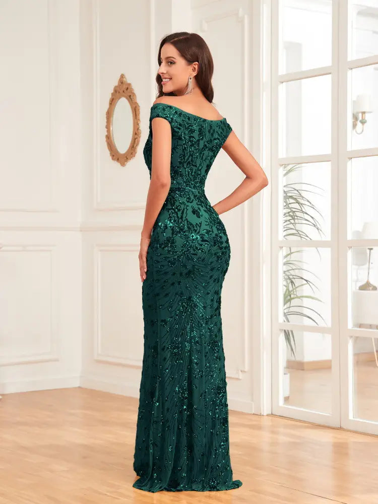 Emerald green sequined sexy off-the-shoulder mermaid gown with high waist and intricate beaded detailing.