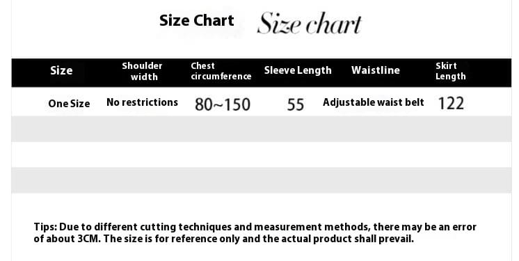 Size chart for olive green cake heavy industry pleated long dress with adjustable waist, chest circumference 80 to 150 cm and skirt length 122 cm in a one-size-fits-most heavy industry pleated slim design.