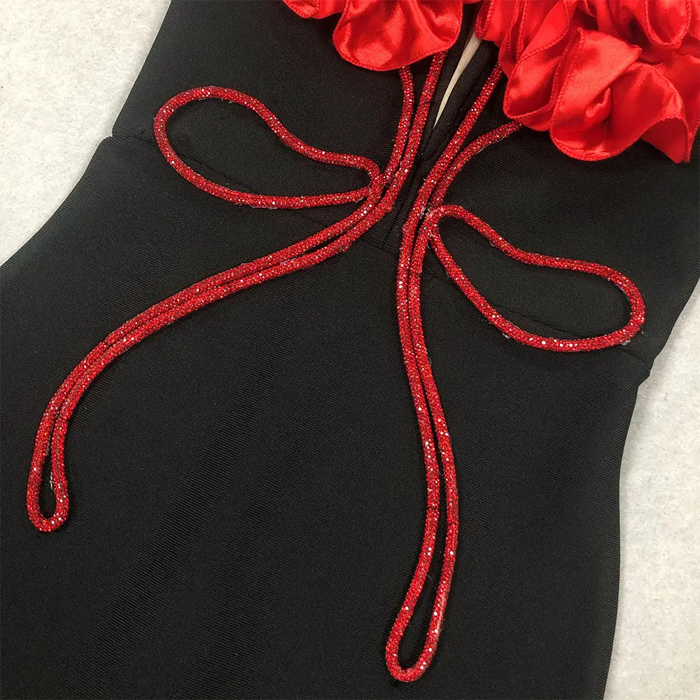 white temperament socialite flower chain evening dress in black featuring a sparkling red ribbon bow neckline and matching satin ruffles showcasing elegant style temperament socialite details