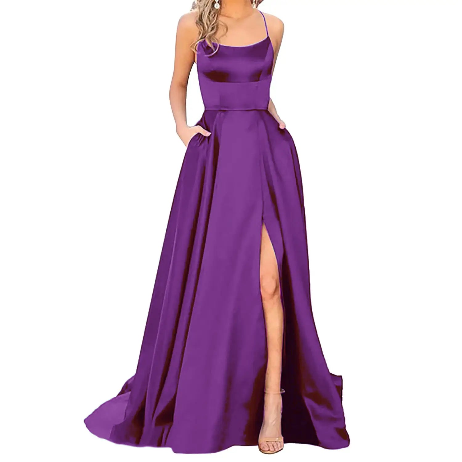 A solid color long slimming purple satin evening gown featuring a flowing design, square neckline, and thin spaghetti straps perfect for shoulder hollow girlfriends.