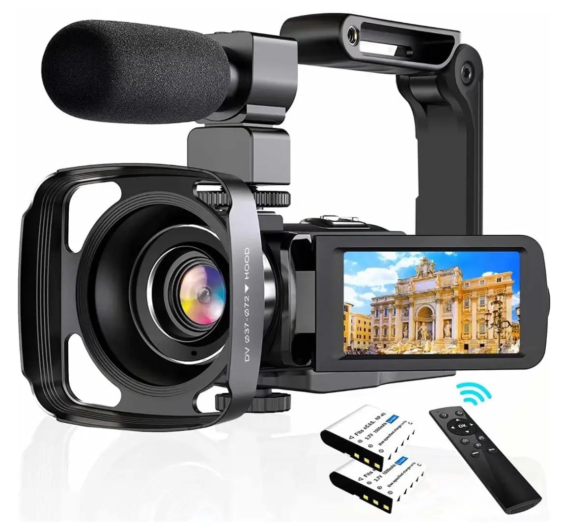 Standard black english 2.7k hd digital camcorder dv06s handheld camcorder with mounted microphone and flip-out lcd screen displaying an architectural scene.