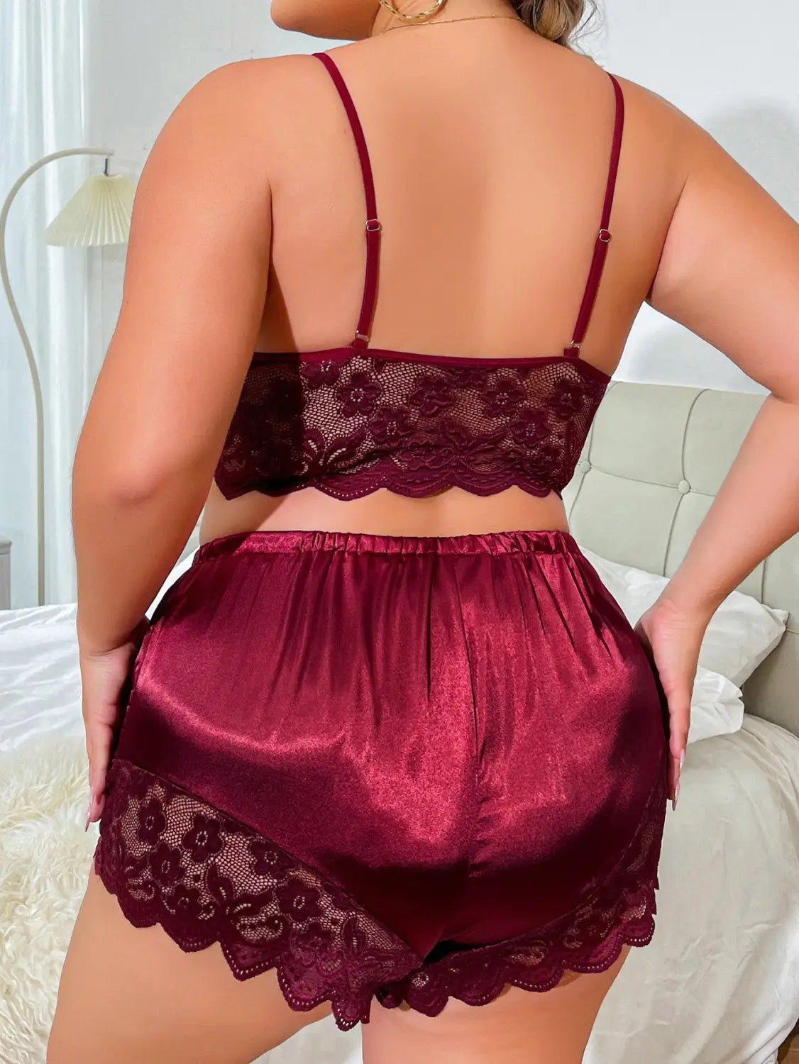 maroon satin shorts with lace trim and elastic waistband from a season lace strap plus size two-piece suit