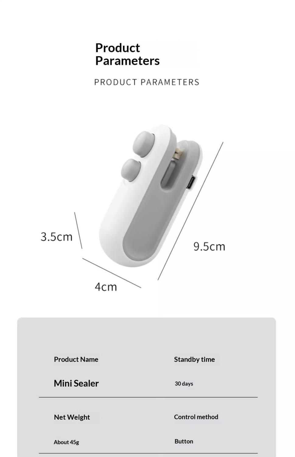 White and gray portable usb heat sealer with a sleek, compact design featuring two rounded buttons on the top surface and an integrated magnetic storage clip.