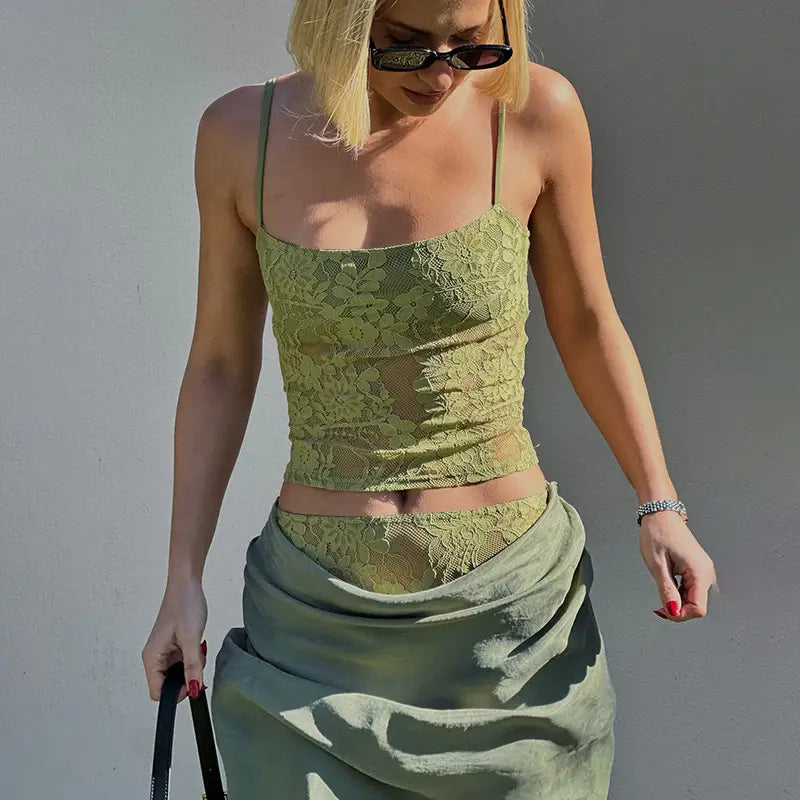 olive green lace backless tube crop top with thin spaghetti straps and matching high-waisted skirt featuring sling stitching ruffle and stitching ruffle hip design.