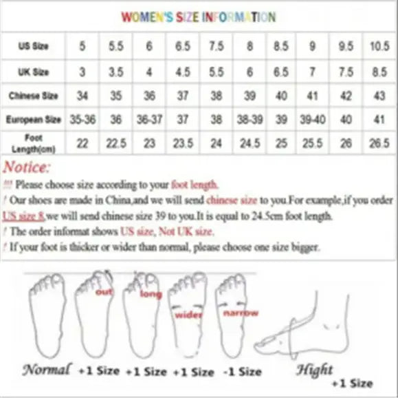 Women’s shoe size conversion chart with foot shape illustrations for leather wedge high heel short tube boots.
