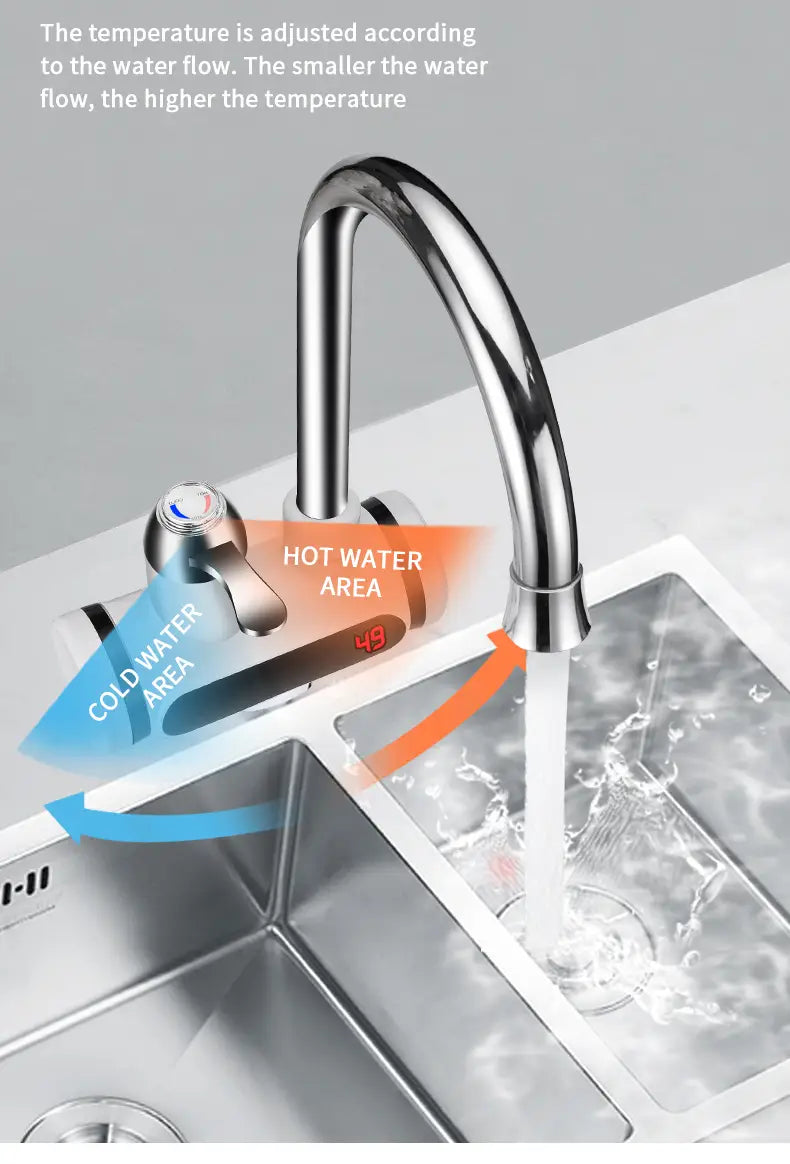 modern chrome-finished kitchen electric water heater faucet with temperature control digital display showing 49 degrees
