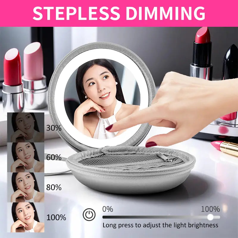 Silver round vanity mirror with led ring light and mesh storage case in a blue and silver round bag blue mirror case.