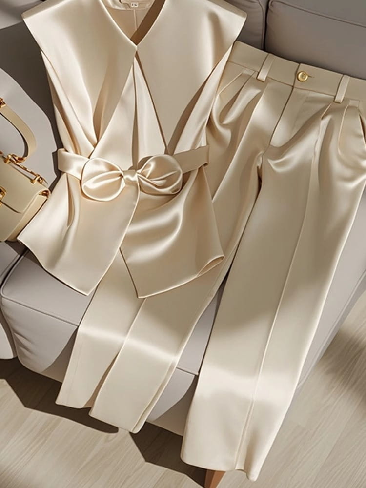 Cream satin sleeveless v-neck top with a matching bow belt from a youthful fashionable champagne satin top and trousers western style youthful collection.