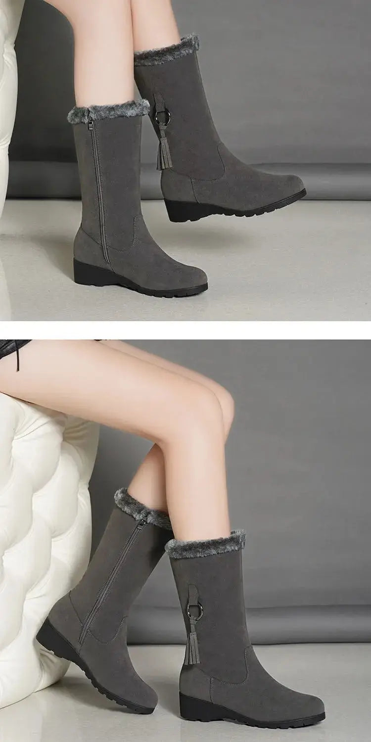 gray suede martin boots autumn featuring long furry trim and wedge heel designed for autumn and winter wear