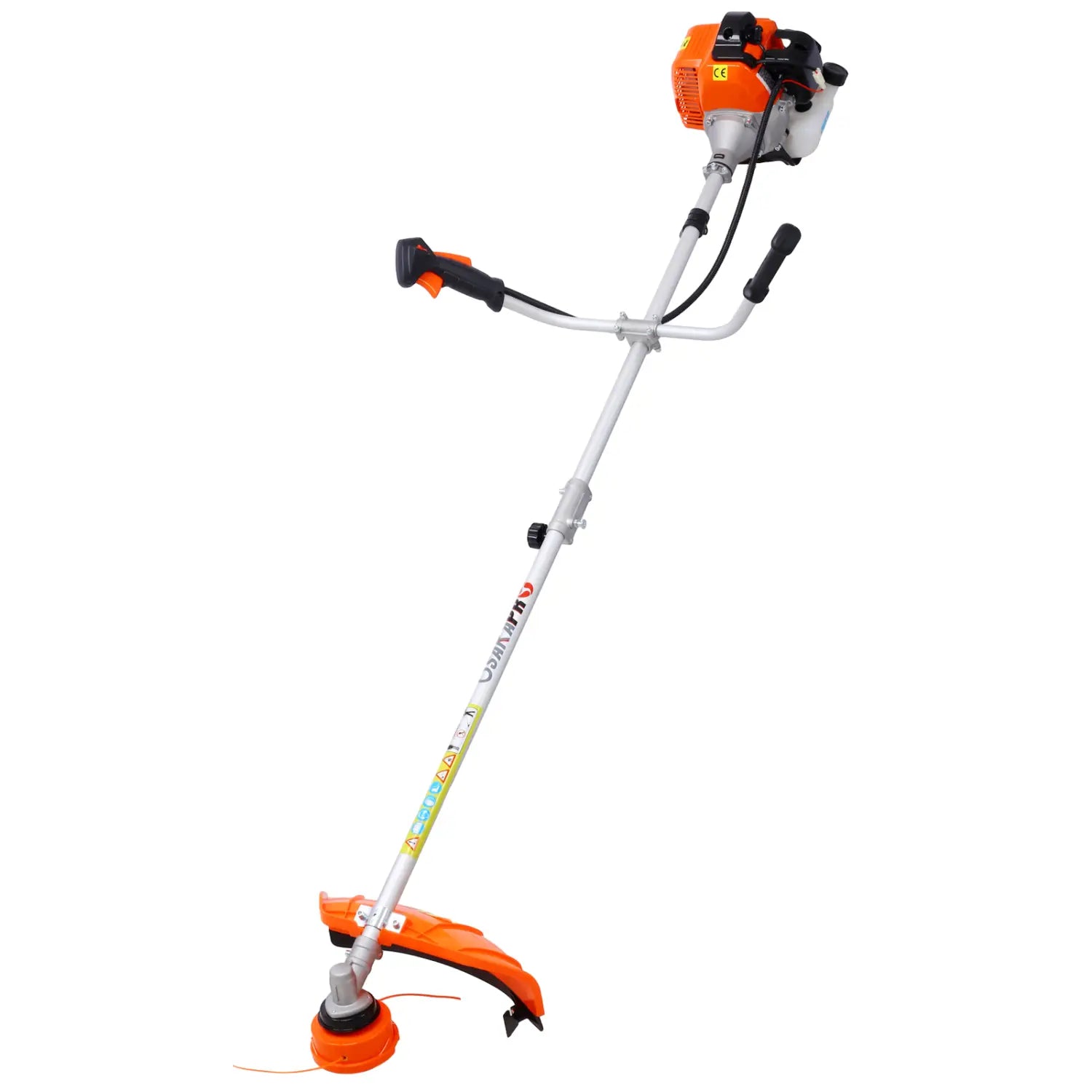 Orange and black gas-powered plastic pruning tool with a silver shaft and adjustable handle for efficient pruning tasks.