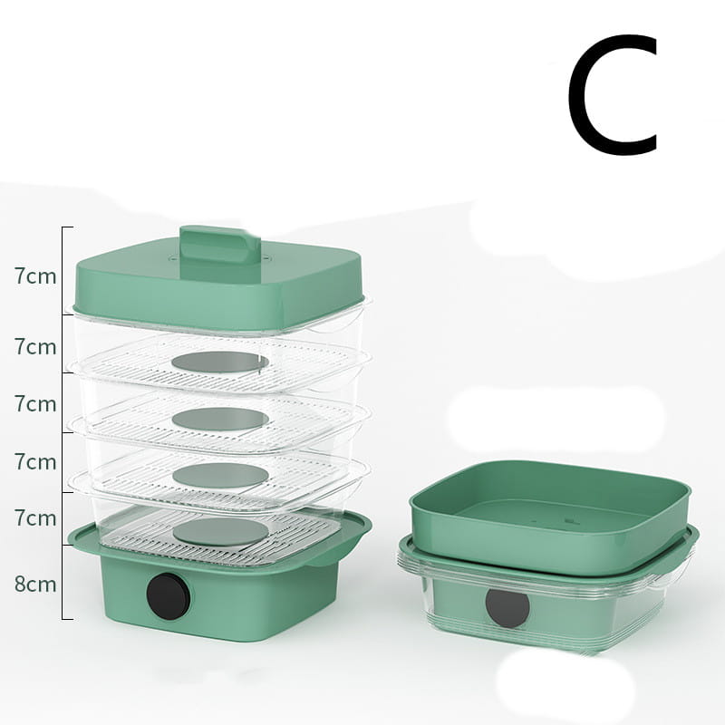 Electric multi layer heat preservation dish cover with a four-tiered stackable steamer design featuring a sage green plastic base and lid and clear acrylic trays with mesh grids for ventilation.
