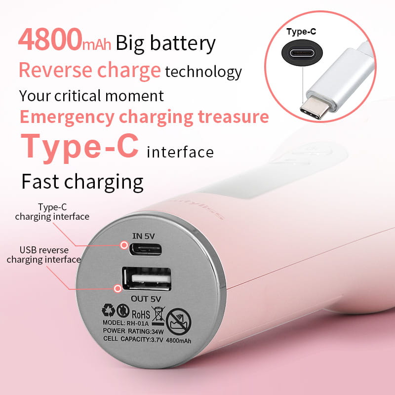 Pink cylindrical portable power bank with a silver circular charging interface featuring type-c and usb reverse charging ports for use with a wireless automatic curler usb lcd device.