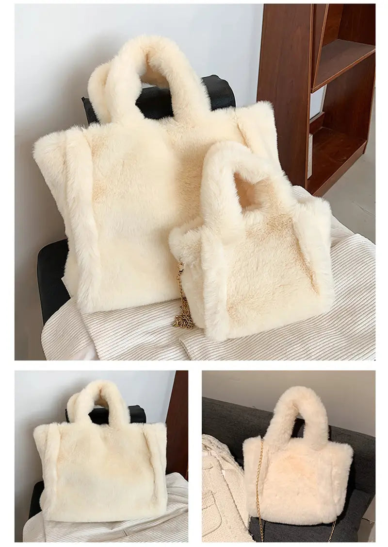 Cream-colored faux fur chain plush handbag with soft plush texture and matching handles ideal for winter bags chain collections.