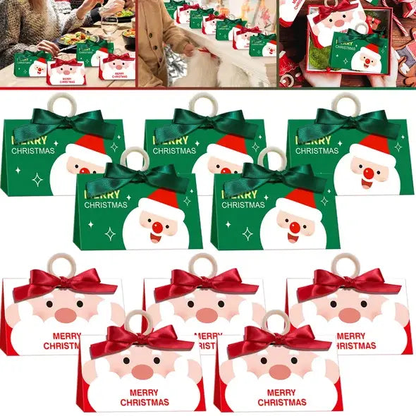 green and red christmas candy boxes featuring cartoon santa faces and ribbon bows designed for festive holiday candy packaging