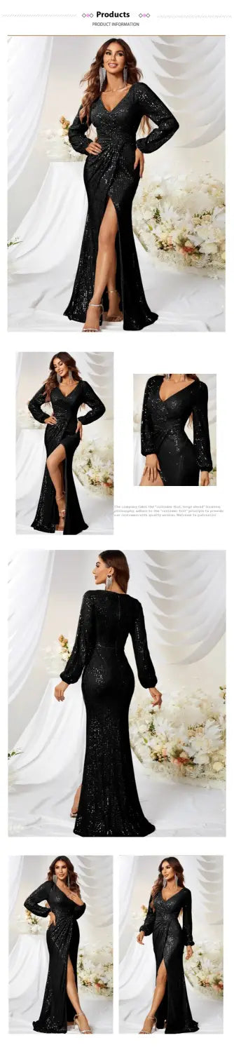 black sequined long sleeve high slit evening gown with v neckline designed for elegant occasions