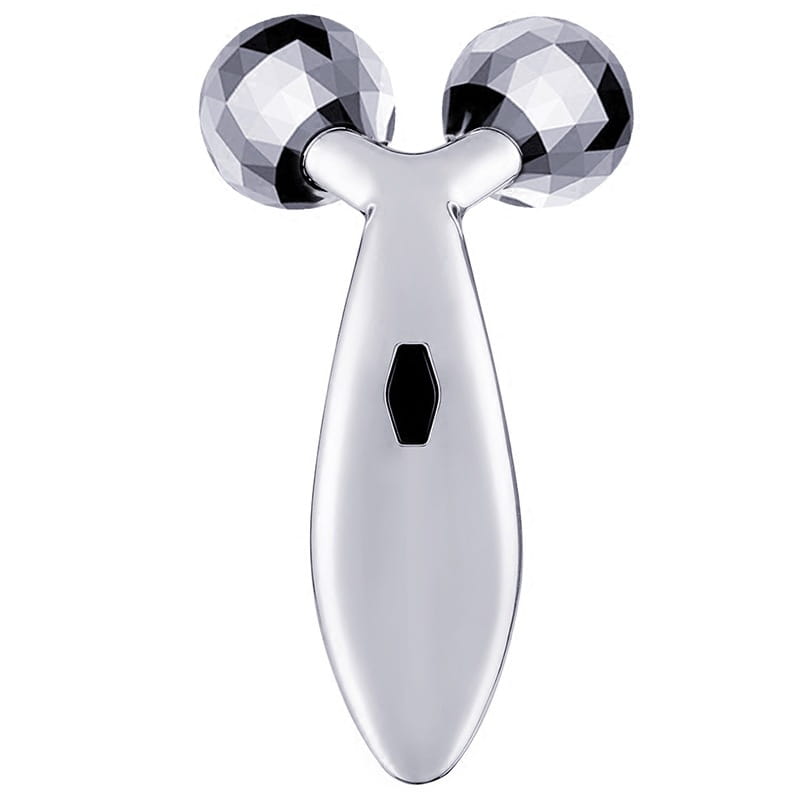 Silver facial roller massage device with two faceted gemstone-like spheres and a sleek elongated handle shown in a device image.