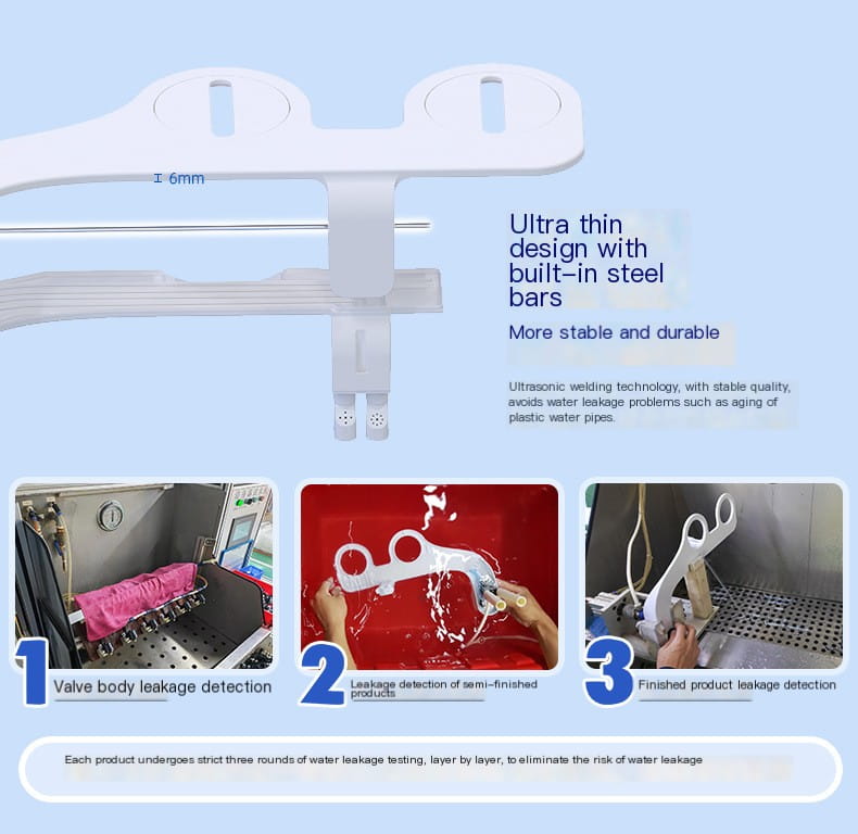White plastic ultra-thin dual nozzle bidet toilet cleanser with integrated steel bars for stability shown in a toilet cleanser image
