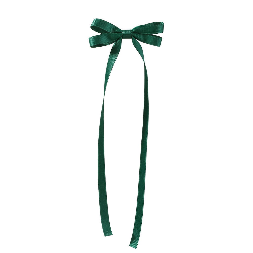 a sleek deep green satin bow braided hair ribbon tied neatly with long tails as a hair tie double in a satin bow braided hair set