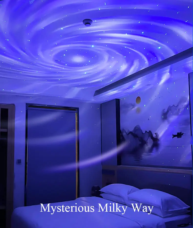 The ceiling displays a swirling starry galaxy design with embedded blue and white LED lights created by the double effect northern lights projector lamp.