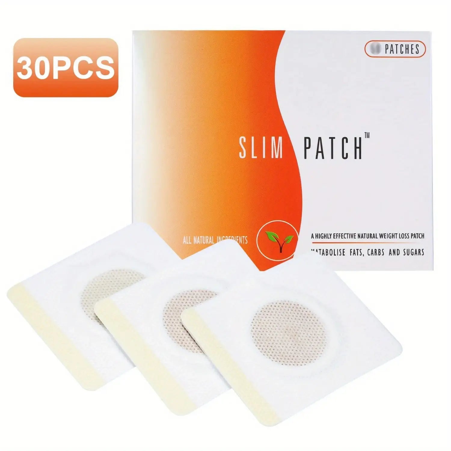 White square magnetic slimming navel belly button patch with circular mesh design packaged in an orange and white box labeled slim patch for button patch slimming use.