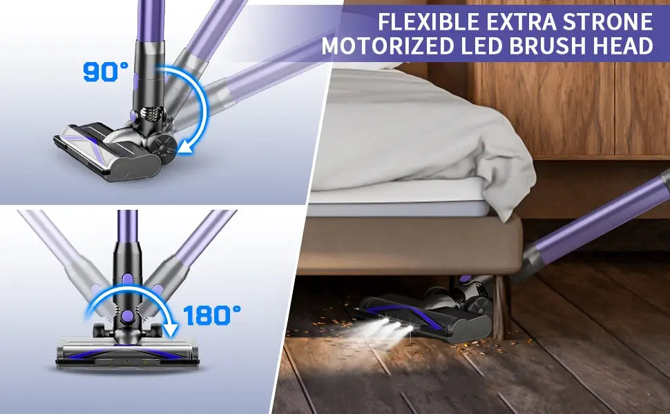 purple and black motorized led brush head with a flexible angled design for versatile cleaning on a household small portable cordless stick vacuum cleaner