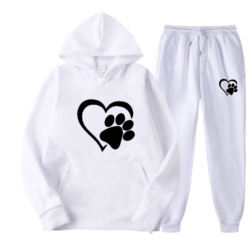 white hoodie and matching sweatpants printed hoodie sets featuring black heart and paw print designs on soft fabric