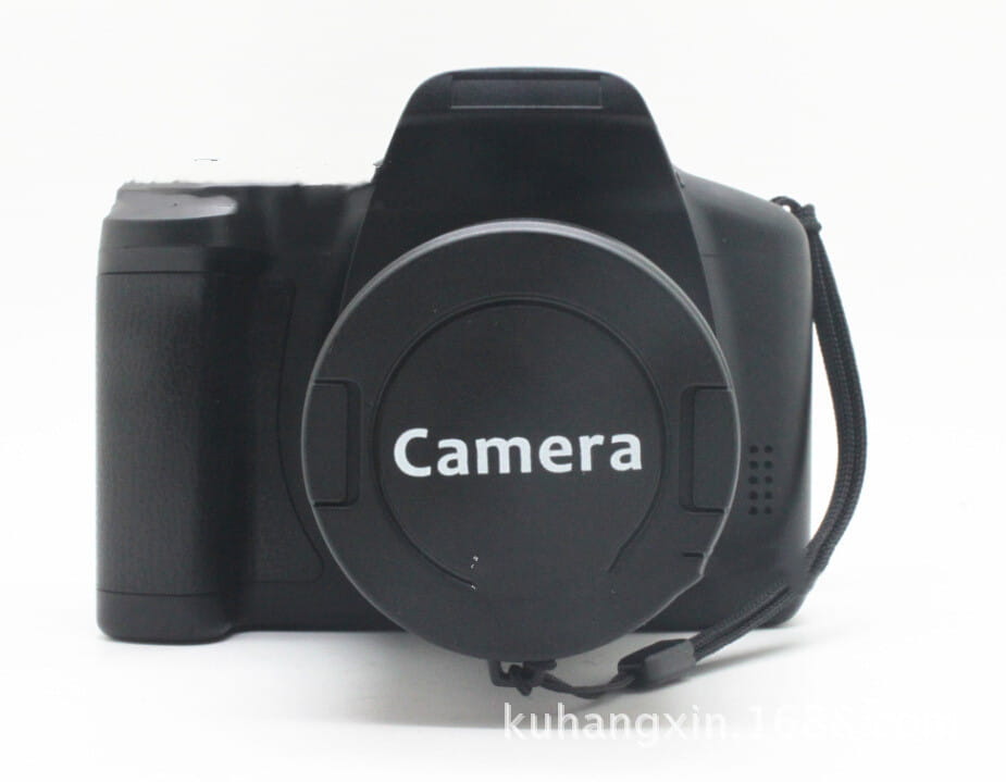 black xj05 digital video camera body with circular lens cap featuring the word camera in white lettering and 4x zoom lens