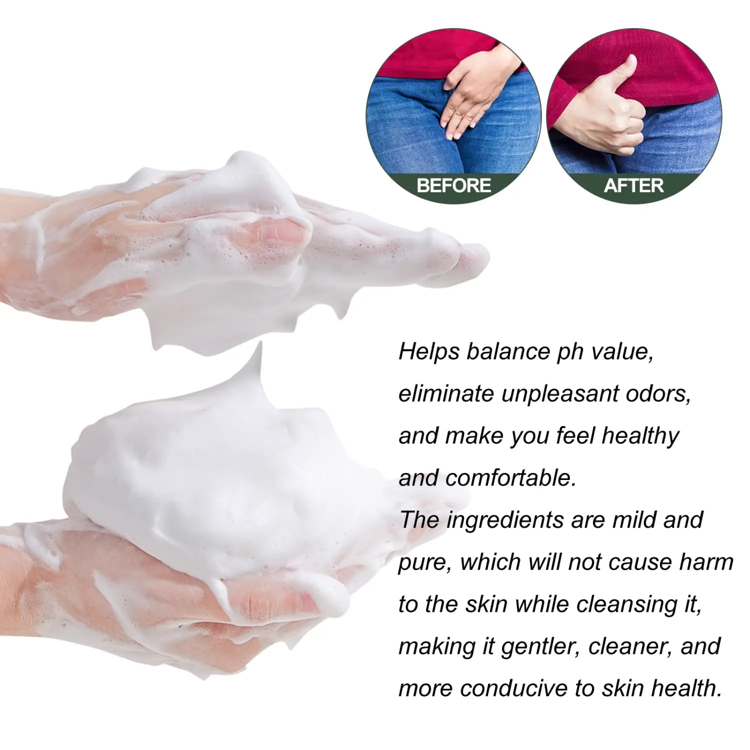 white foamy rose soap gel in a clear bottle with blue label and red cap designed to bath cleanses odors and relieves physical discomfort.