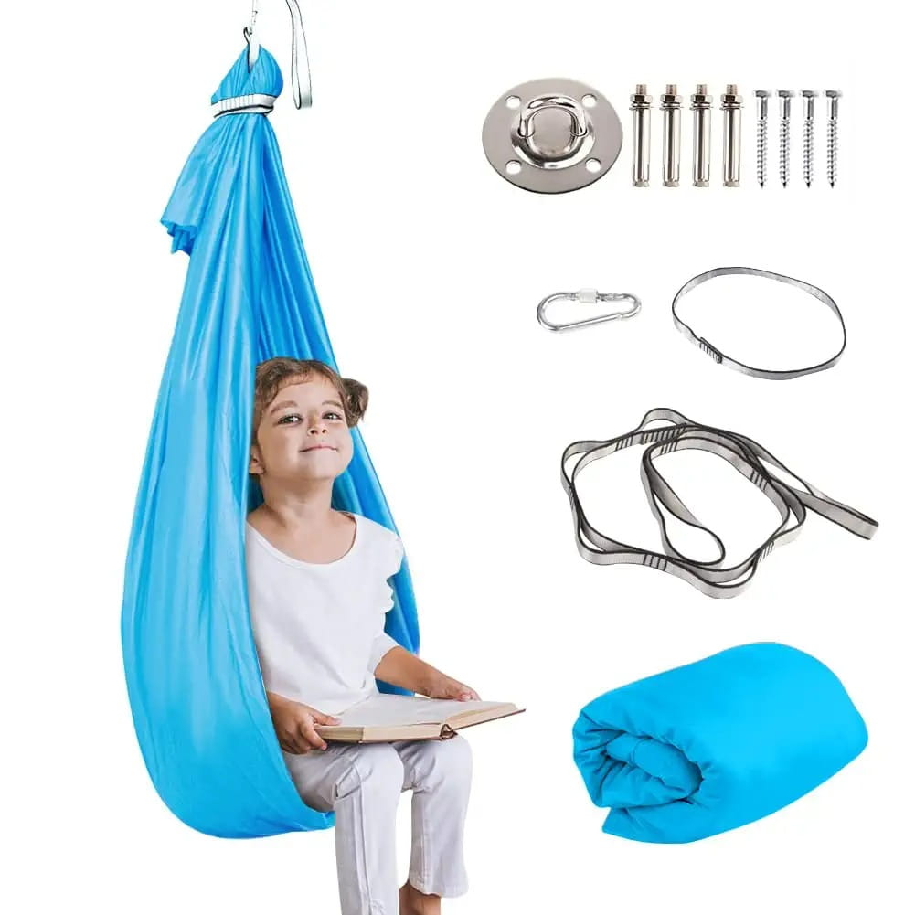 bright blue indoor outdoor therapy swing with adjustable straps and metal hardware for versatile use as a cuddle swing or aerial yoga hammock