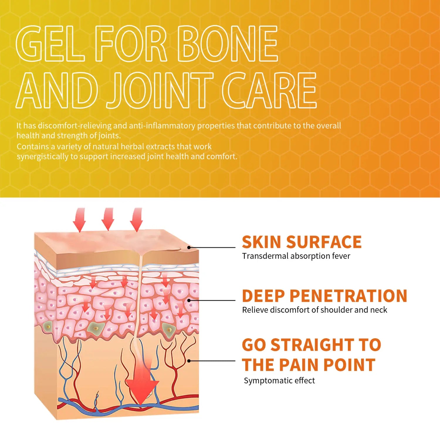 Orange and white illustrated diagram of propolis joint care gel for muscle pain showing labeled skin layers and transdermal absorption for effective joint care.