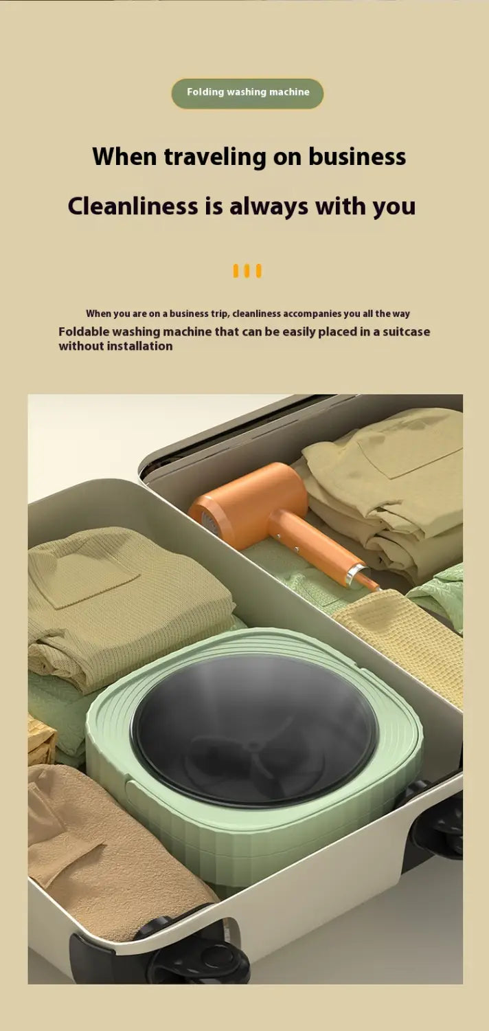 A compact mint green ribbed folding washing machine with a sleek rounded design and black circular interior for efficient folding washing.