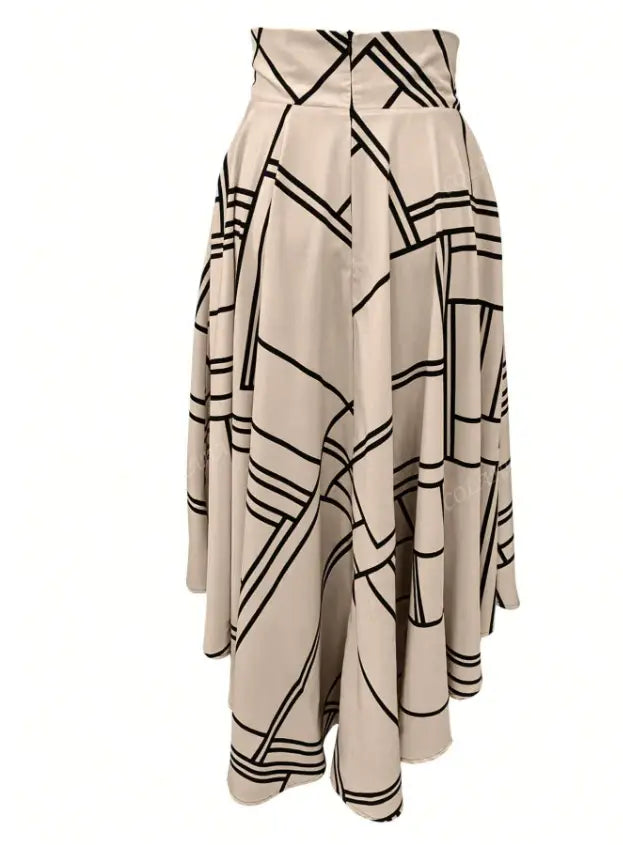 a high-waisted simple daily slit midi skirt in cream fabric with bold black geometric lines forming an abstract pattern suitable for solid color simple outfits