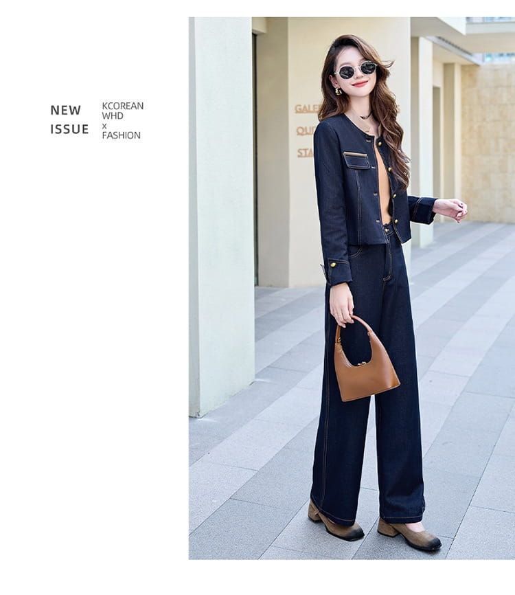 Dark blue denim jacket with gold-tone buttons and front pocket detail from the elegance retro casual denim jacket and pants set.