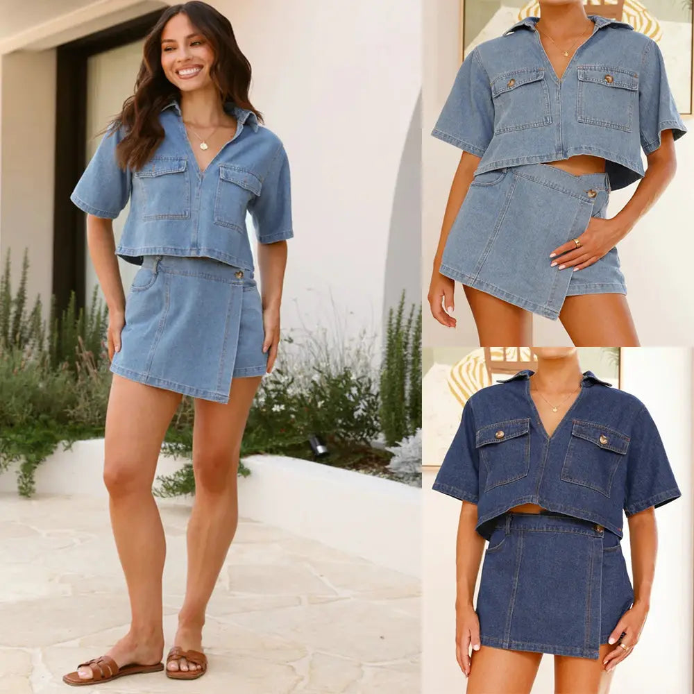 Blue denim short sleeve loose two-piece outfit featuring an irregular denim short pantskirt with front pockets for women.