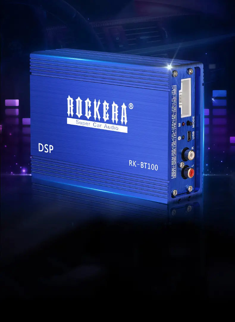 blue rockera rk-bt100 4 channel car audio amplifier dsp audio processor with metallic finish and visible input output ports