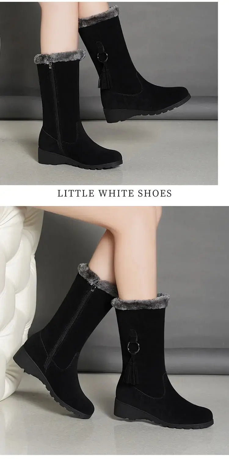 gray suede tassel martin boots autumn and winter featuring black suede winter boots with gray long furry faux fur trim and circular metal buckle detail