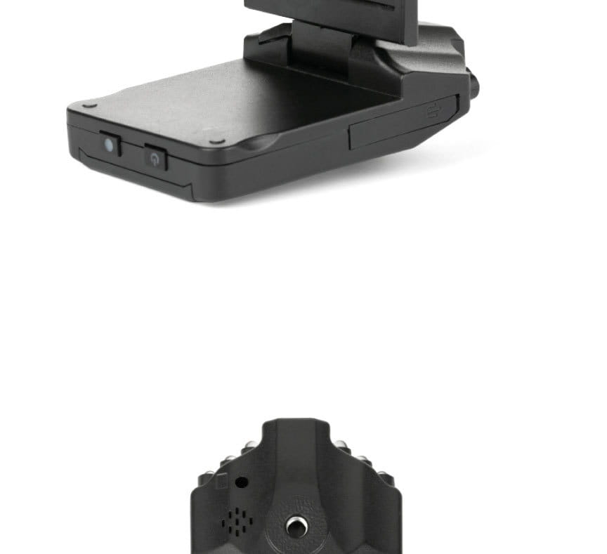 black plastic hd driving recorder with foldable suction cup mount and multiple buttons on the side for vehicle surveillance.