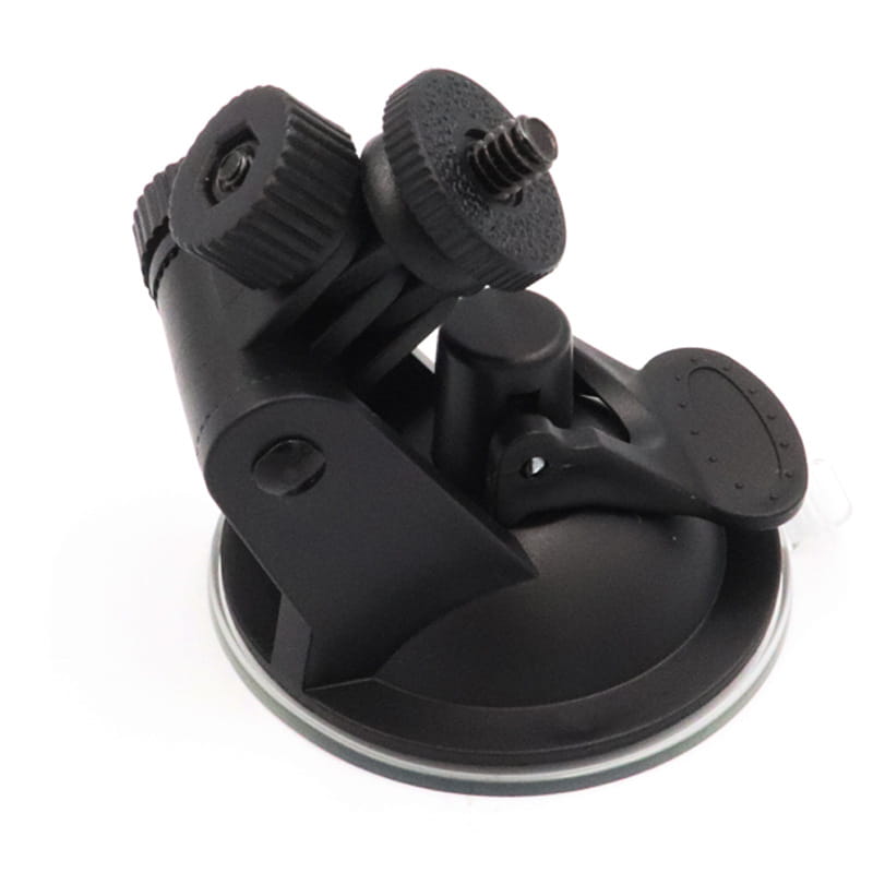 Black plastic suction cup mount with adjustable ball joint and threaded screw for sports camera attachment designed for secure mounting.