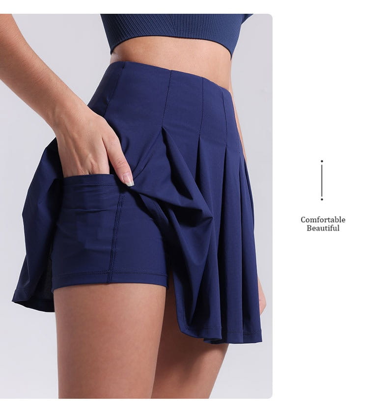 Navy blue high waist fitness yoga exercise pleated skirt with a side pocket designed for aerobics high waist and yoga exercise pleated comfort.
