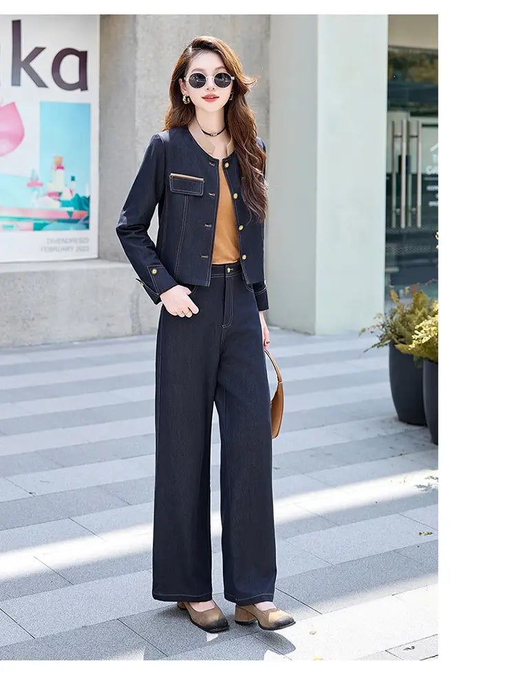 Navy blue denim jacket with gold-tone buttons and front pocket detail from the elegance retro casual denim jacket and pants set.