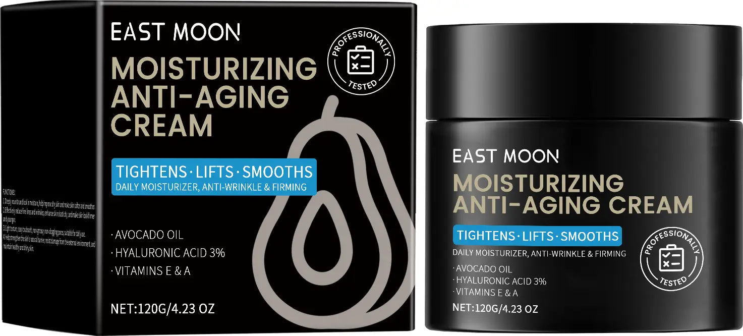 black jar of east moon moisturizing anti-aging cream with avocado oil featuring a matte finish and gold lettering for effective moisturizing anti-aging skincare.