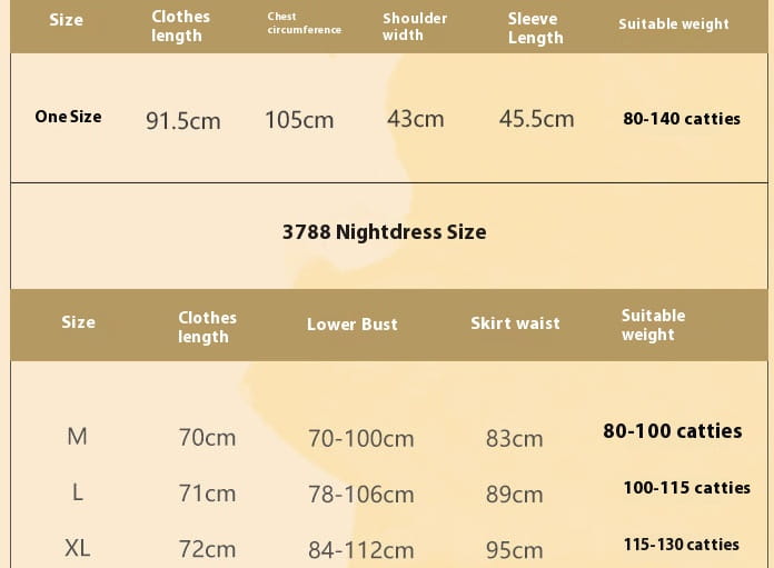 Size chart for the yellow floral satin cross lace nightdress 3788 showing measurements and suitable weight ranges by size.