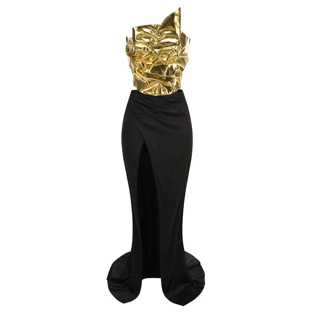A striking one-shoulder slit mop black dress two-piece set featuring a metallic gold ruched bodice and a sleek black satin skirt with a high slit designed for a set sexy lacing look.